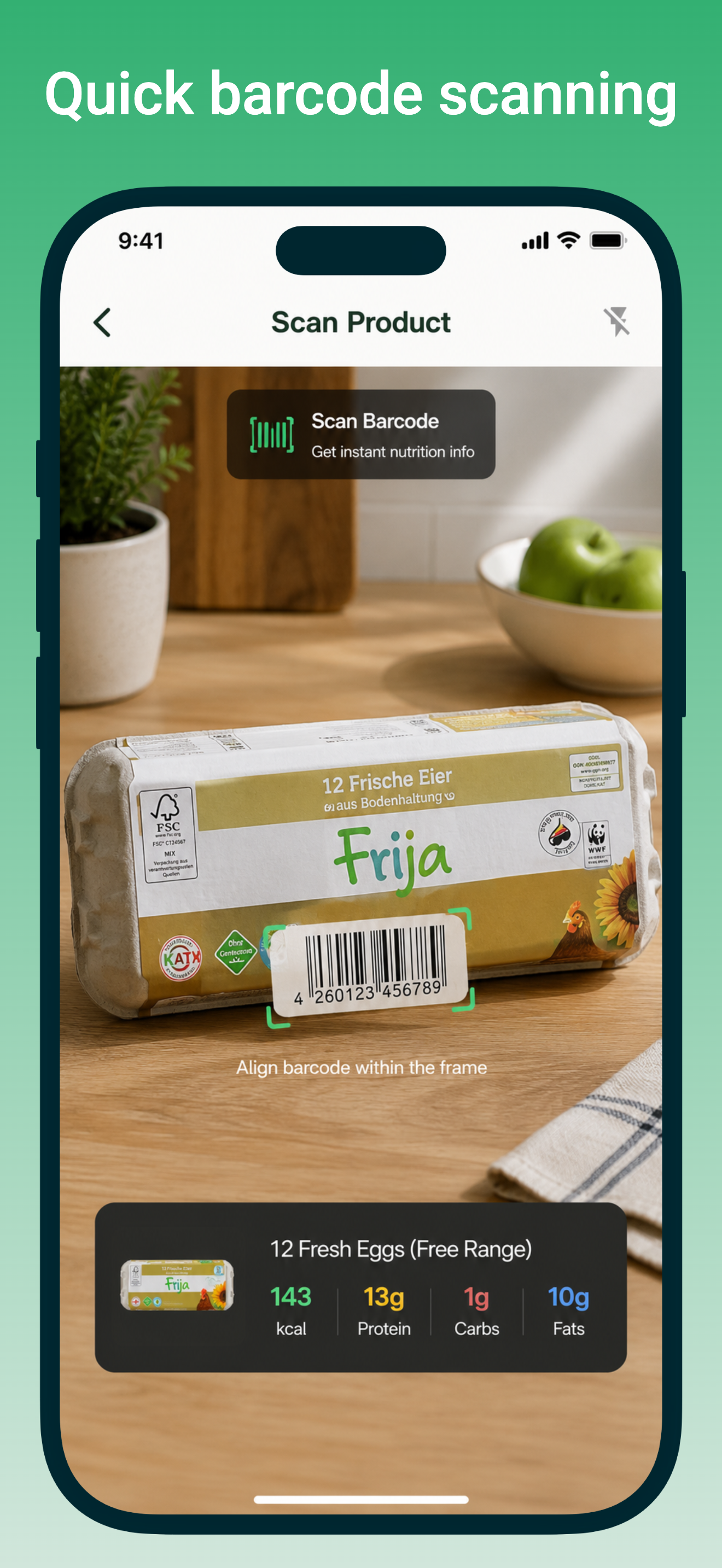 Barcode scanner reading a packaged product for nutrition info