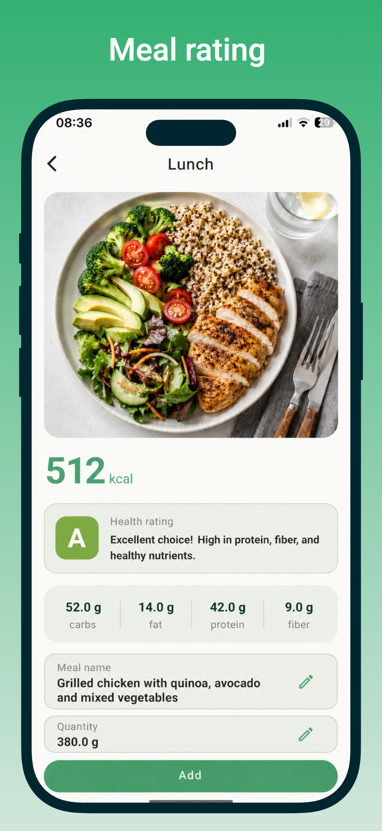 AI food scan estimating calories and macros from a photo of a plate